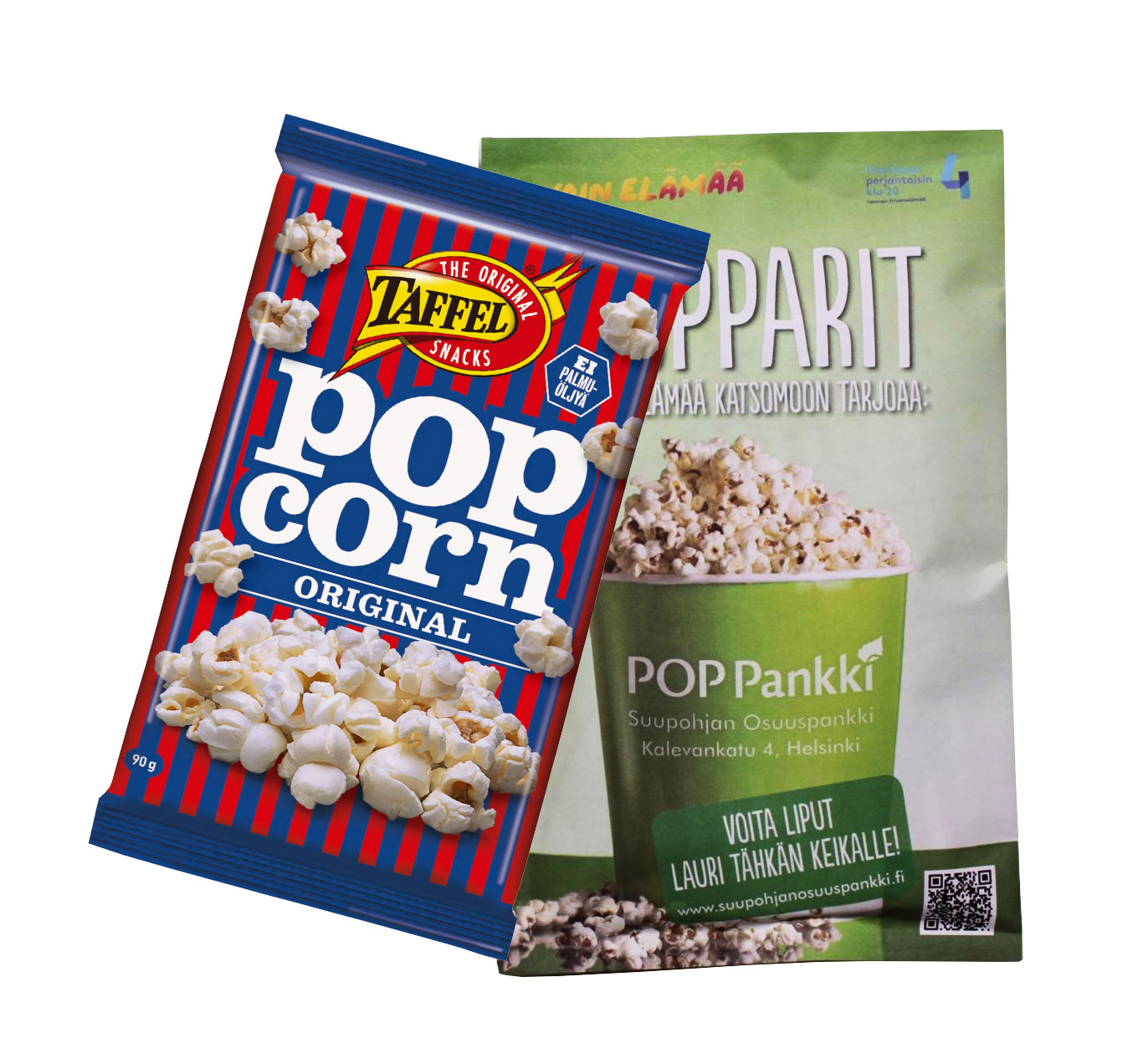 Taffel popcorn omalla logolla. Taffelin mikropopparit on leffailtojen klassikko.