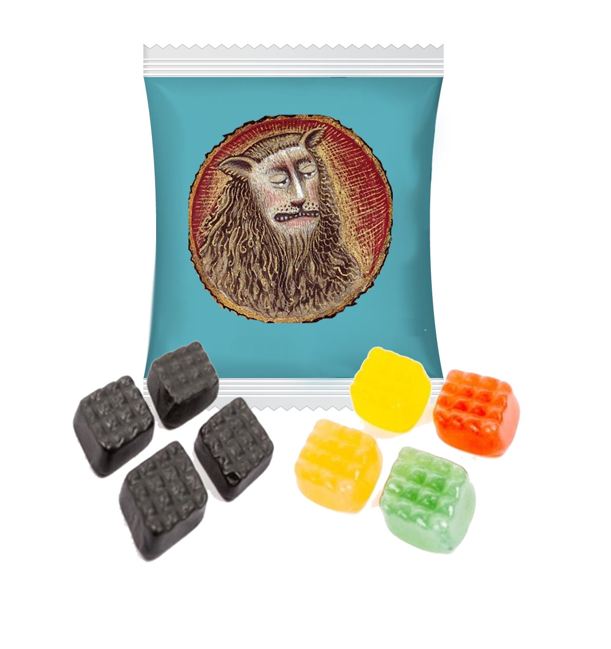 Kotimaiset salmiakit mainospussissa. Pussissa iso painoala ja karkiksi voidaan valita Halvan iso salmiakkiruutu, hedelmäruutu tai niiden sekoitus.